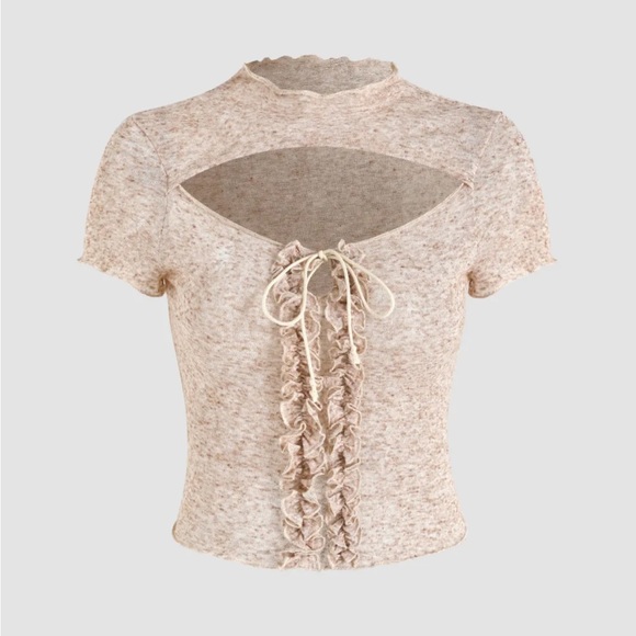 Beige Cut Out Ruffle Tee - Picture 1 of 2